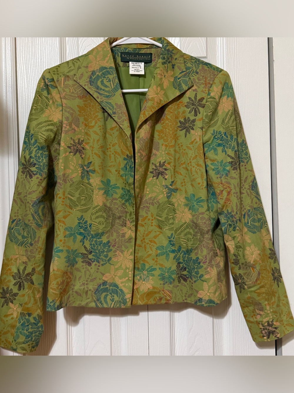 Harvé Benard Women’s Floral Jacket Green Button Front Lined Long Sleeve Size 6